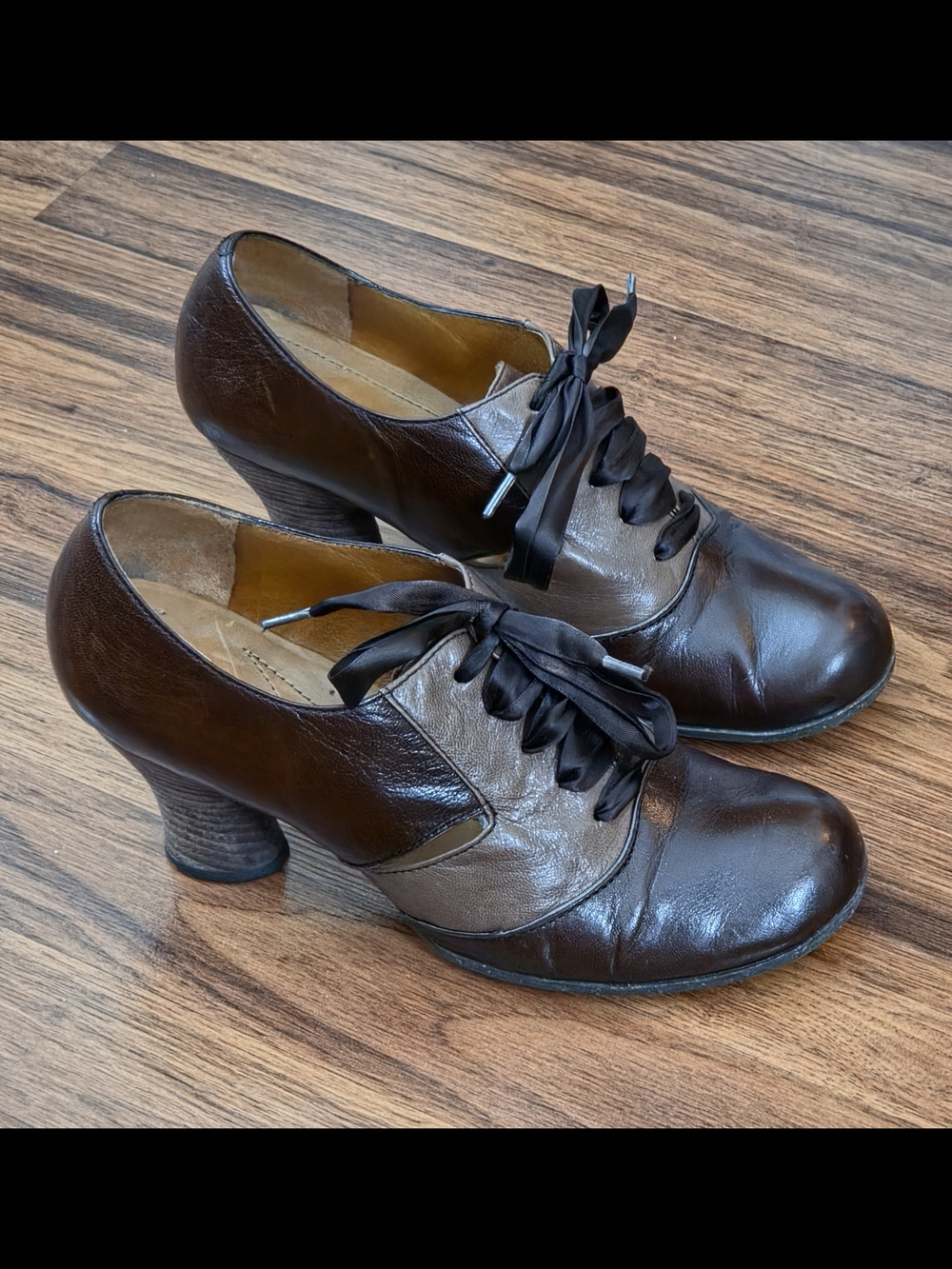 Naya Brown Two-Tone Leather Lace-Up Heels